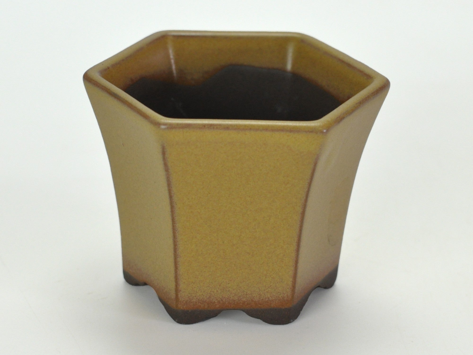 瀬戸焼 黄2.5号六角ケンガイ 幅8cm奥行き8cm高さ6cmの販売｜盆栽妙