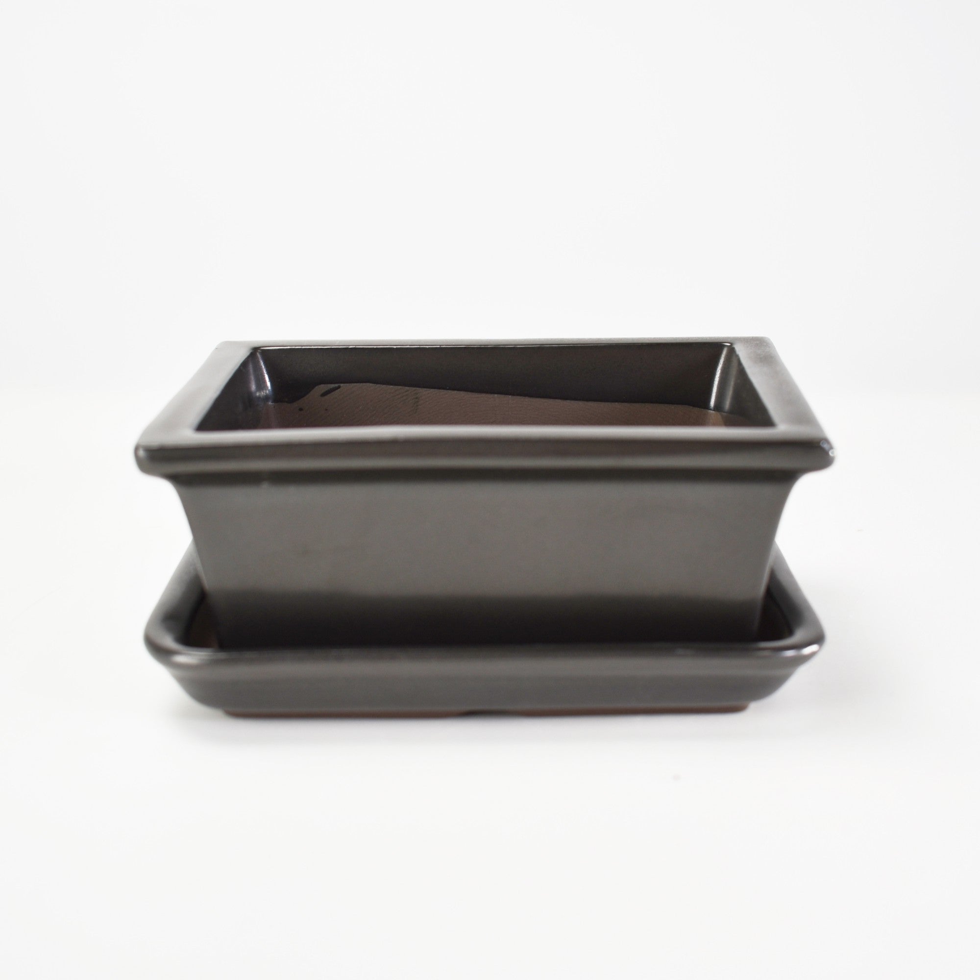 【萬古焼】黒マット 4.5号長角切足 受け皿付き