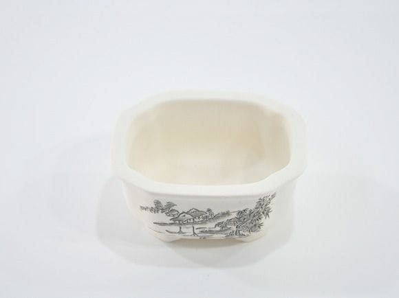 瀬戸焼【盆栽鉢】磁器 山水画 隅切り 3.6号