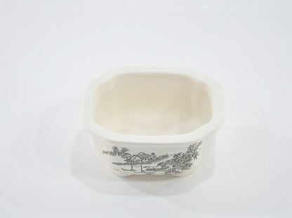瀬戸焼【盆栽鉢】磁器 山水画 隅切り 3.6号