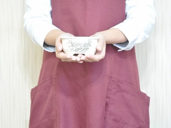 瀬戸焼【盆栽鉢】磁器 山水画 隅切り 3.6号