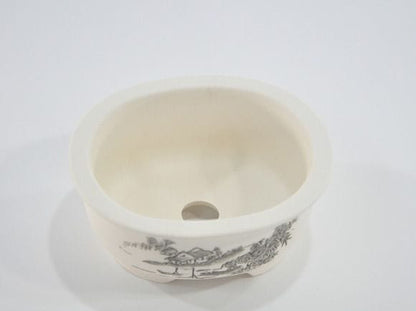 瀬戸焼【盆栽鉢】磁器 山水画 楕円 3.7号