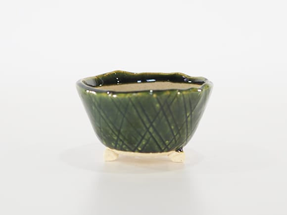 【盆栽鉢】手作り色 織部 丸 足付 3.5号 幅11.5cm×高さ6.5cm
