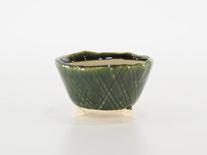 【盆栽鉢】手作り色 織部 丸 足付 3.5号 幅11.5cm×高さ6.5cm