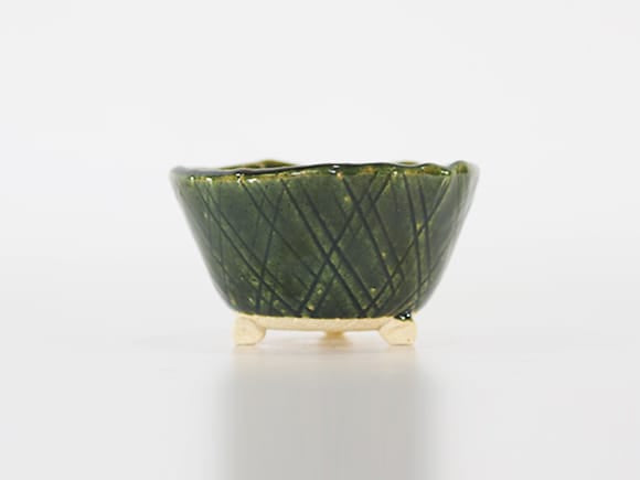【盆栽鉢】手作り色 織部 丸 足付 3.5号 幅11.5cm×高さ6.5cm