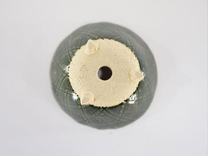 【盆栽鉢】手作り色 織部 丸 足付 3.5号 幅11.5cm×高さ6.5cm