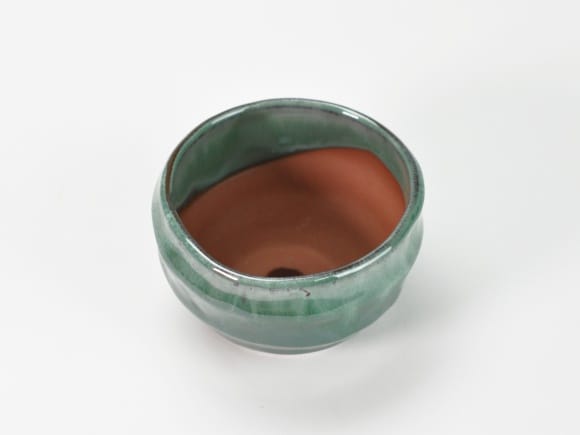 【万古焼】グリーン 3号  丸変形鉢 幅約9.5cm×高さ約5.6cm