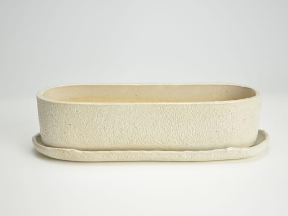 小判切立鉢9号 白【受け皿付き】鉢幅25cm×奥行8.5cm×高さ7cm