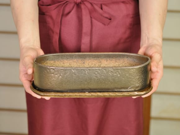 小判切立鉢9号金彩【受け皿付き】鉢幅25cm×奥行8.5cm×高さ7cmの盆栽を