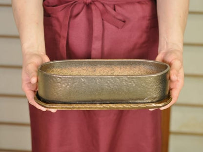 小判切立鉢9号金彩【受け皿付き】鉢幅25cm×奥行8.5cm×高さ7cm