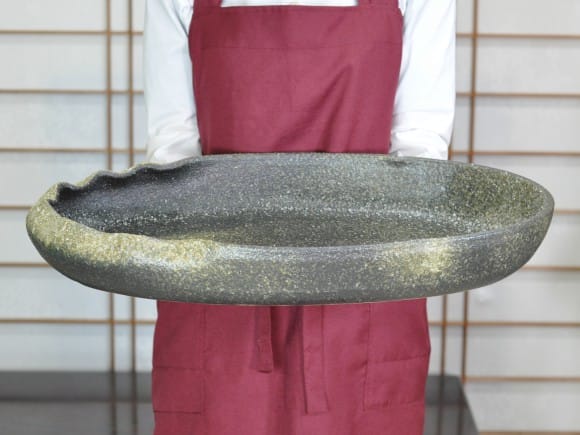 信楽焼】 窯肌変形小判水盤20号 幅60cm×奥行き35cm×高さ7.5cmを