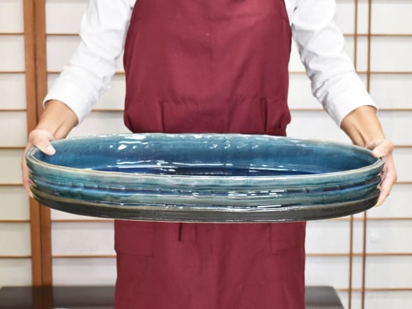 信楽焼】 ブルーガラス小判水盤20号 幅60cm×奥行き35cm×高さ7.5