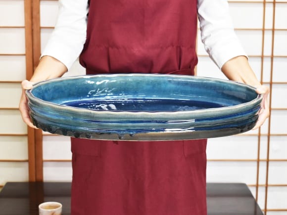 【信楽焼】 ブルーガラス小判水盤18号 幅54cm×奥行き34cm×高さ7.5cm
