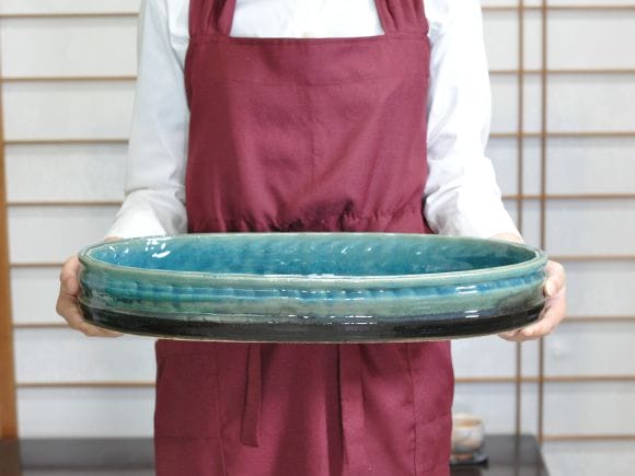 信楽焼】 ブルーガラス小判水盤16号 幅48.5cm×奥行き28cm×高さ
